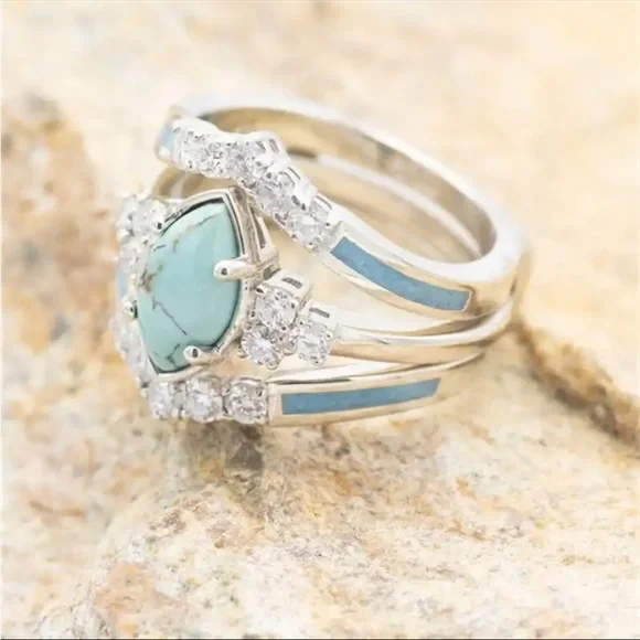 New 3pcs/set Turquoise Exquisite Moissanite Anniversary Party Ring - Picture 6 of 16